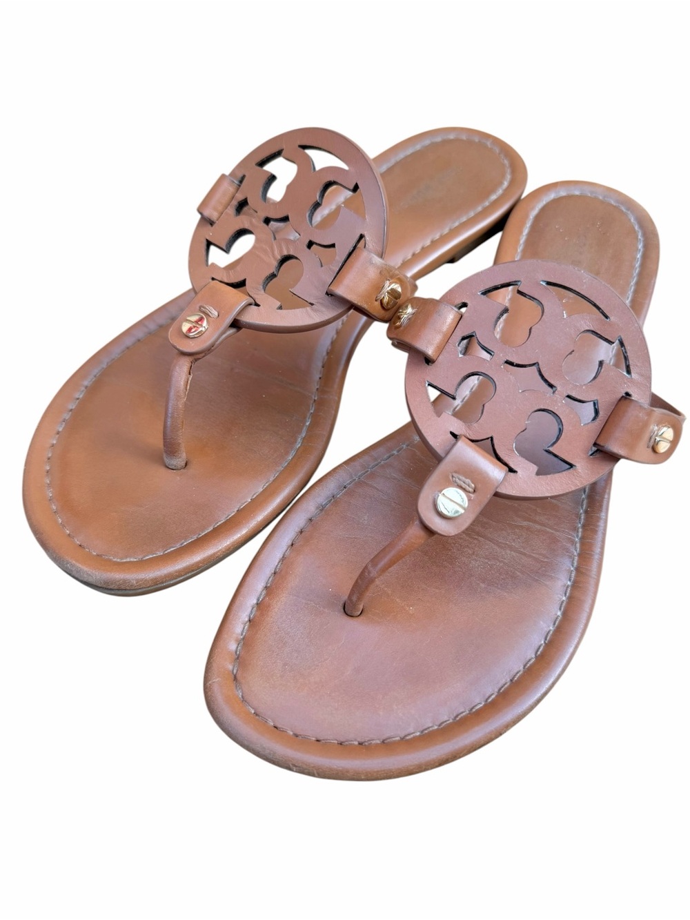 Tory Burch Miller Sandals Brown Leather Logo Thong Flats Size 8 - Picture 2 of 8